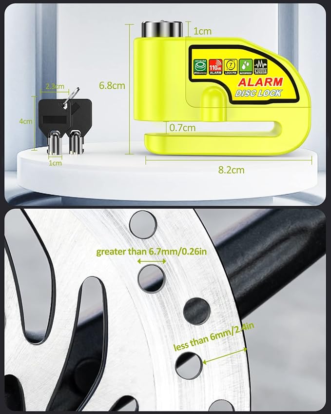 ONVIAN Motorcycle Disc Brake Lock with 120dB Alarm, Rechargeable Waterproof Motorcycle Locks Anti Theft for 7mm Motorcycle Brake Helmet Scooter Wheel Lock 5FT Reminder Cable (Lemon Yellow)