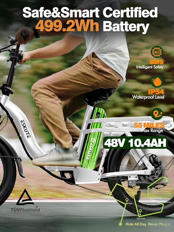 ESKUTE Electric Bike for Adults – 1200W Peak Motor, Folding 20x3 Fat Tire E‑Bike, 48V 10.4Ah Battery, Step‑Through Cargo Fold Ebike, NFC Unlock, 28 MPH, 7‑Speed, Up to 55 Miles