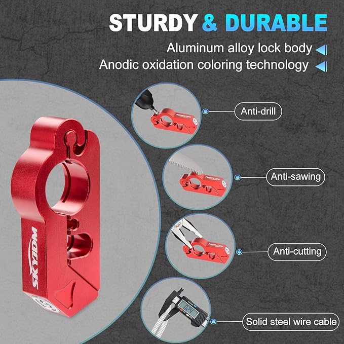 Motorcycle Lock Combo - Helmet and Brake Anti-Theft Grip for All Motorcycle, Bike, ATV, Scooter With Handlebar Diameters Within 1.3-1.5 Inches (Red)