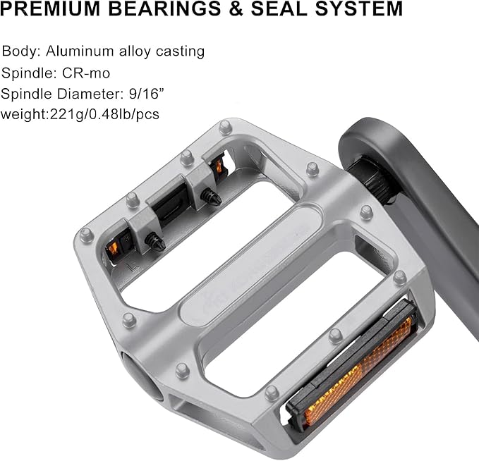 Mountain Bike Pedals 9/16 Inch - Bicycle Flat Pedals with Reflectors - Lightweight Aluminum Alloy Wide Platform Pedals for Mountain Bike, BMX, Road Bike Pedals