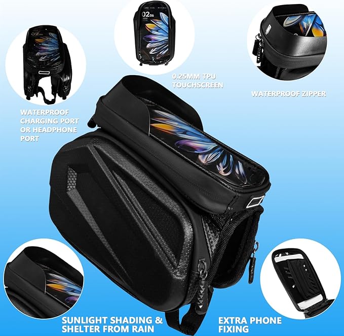 Bike Frame Bag - 2.73L Detachable Touchscreen Pouch w/EVA Hardcase & 360° Swivel, Waterproof Top Tube Bike Bag/Handlebar Mount for iPhone/Samsung up to 7" - MTB/Road/Ebike Accessories
