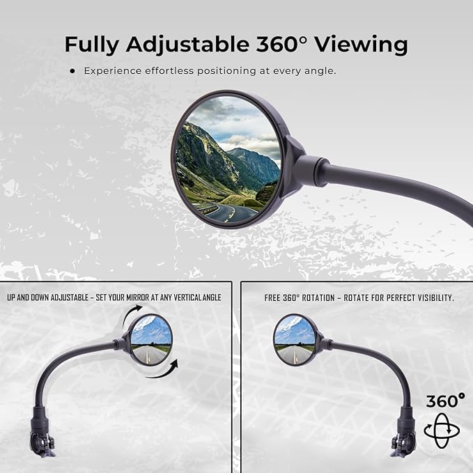 Bike Mirror Handlebar Mount (1 Pcs) 360° with 2 straps, Adjustable Bike Rear View Mirror with Anti-Glare, Shatterproof-mirrors for ebike, Scooter, Mountain & Road Bikes