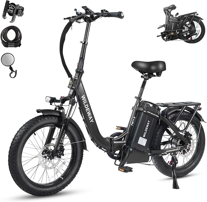 Wildeway Folding Electric Bike for Adults with 32Ah Battery Long Range 750W Motor 28MPH, 20"x 3.0"Fat Tire Foldable EBike, Urban City Commuter Men Women Bicycle 7 Speed Gear