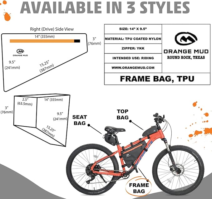 Orange Mud Waterproof Bike Frame Bag – Welded TPU Triangle Bag for Front or Rear Frame Mounting – Durable YKK Zippers, Secure Storage for Gear, Snacks, Tools, Phone – Black, 14"x9.5"