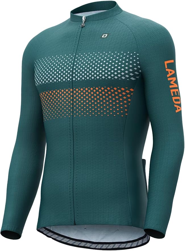 LAMEDA Men's Cycling Jersey Long Sleeve, Breathable Moisture Wicking Bike Shirt, Lightweight Biking Shirt with 3 Rear Pockets