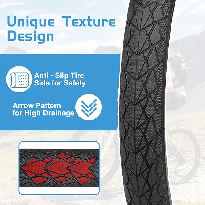 MEGHNA Bike Tire 20/24/26/27.5 inch Foldable Replacement Cruiser Bike Tire Mountain Bike Groove Anti-Slip with Tire Lever for Kids Hybrid Bike