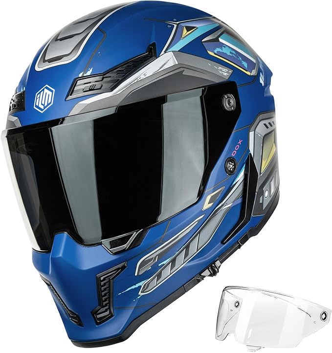 ILM Motorcycle Helmets for Adult Men Women Full Face DOT ECE Powersports Dual Visor Street Racing Helmet with Pinlock Cascos para Motos Model MF509 (Cyborg Blue, L)