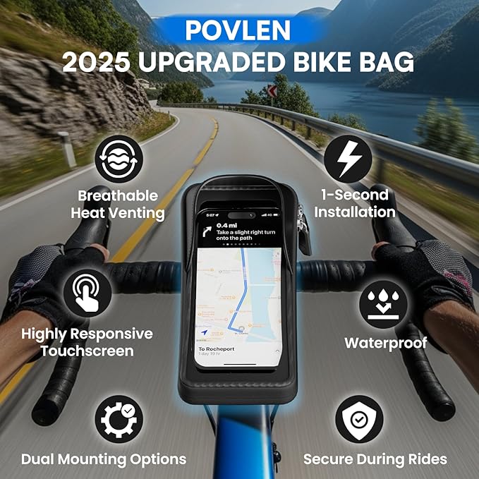Waterproof Bike Frame Bag - Bike Phone Holder Touchscreen Bicycle Top Tube Bag for Cycling, Large Storage Bike Bag Fits Phones Under 7" for Road Bike