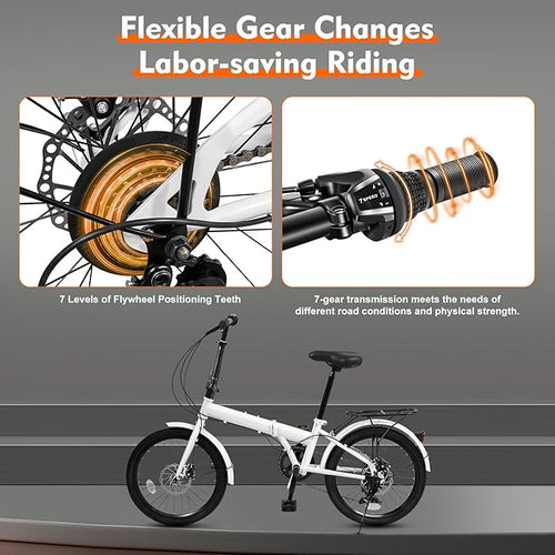 20-inch Foldable Bike Folding Bicycle with 7-Gear Transmission, Front and Rear Disc Brakes Bicycle Made of Aluminum Alloy Folding Bike Suitable for Men Riding, Women Riding
