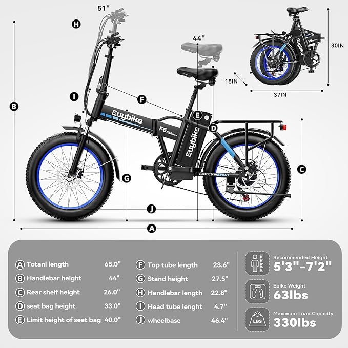 Foldable Electric Bike for Adults, 30+MPH, 48V 20Ah Removable Lithium Battery up to 80Miles, 20" Fat Tire 1000W Peak Motor Dirt Ebike Adult Electric Bicycle for Beach Mountain E Bike Blue Black