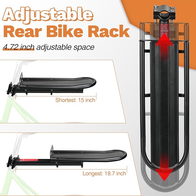 Rear Bike Rack, Retractable Aluminum Alloy Quick Release Cargo Carrier, Max Load 20 lbs, Suitable for Mountain, Commuter, Folding Bikes, Black