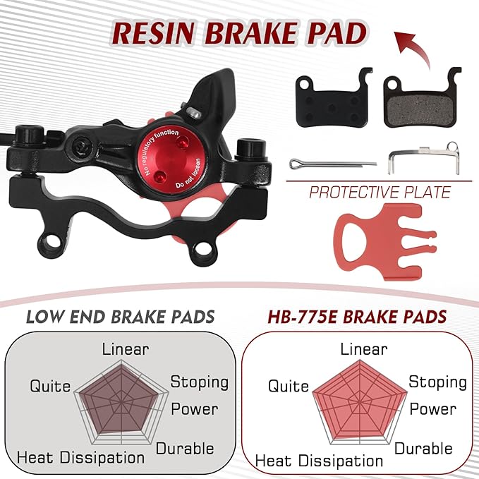 BUCKLOS Ebike Hydraulic Disc Brake Zoom HB-775E 2-PIN 2 Pistons Ebike Electric Power-Off Brakes Left Front 1110mm Right Rear 1850mm with Mounting Adapter Fit E-Bike,Scooter and Electric Motorcycle