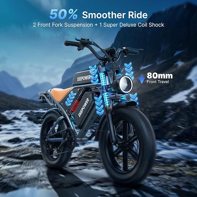 DEEPOWER Electric Bike for Adults,2000W Peak Motor&32MPH Electric Dirt Bike，48V 20AH/35AH/60AH Battery, 70-160 Max Miles,Dual Suspension Ebikes for Adults, 20" Fat Tire E Bike