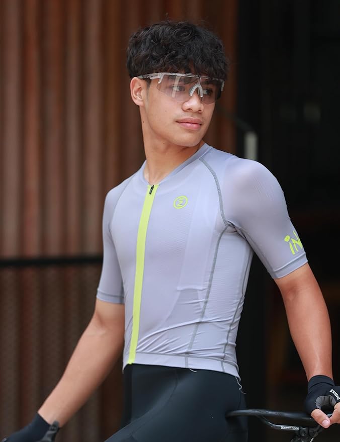 INBIKE Mens Cycling Jersey Breathable Elastic Bike Jersey 3 Rear Pockets Moisture Wicking Short Sleeve Quick Dry Reflective Biking Shirts Large Gray
