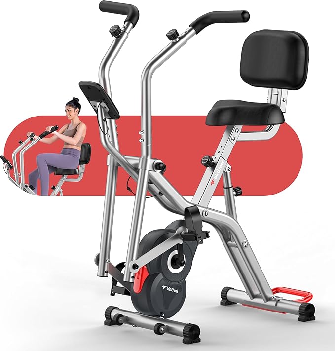 Foldable Exercise Bike, Multifunctional Indoor Stationary Bikes for Home with 8-Level Magnetic Resistance, Quiet Workout Bike with Arm Resistance Bands, LCD Monitor, 300LBS Capacity