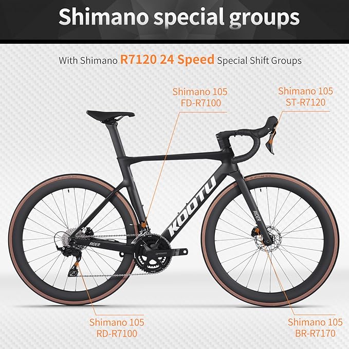 KOOTU Carbon Road Bike, Full Carbon Fiber Disc Brake Lightweight Racing Bicycle with Shimano 105 R7120 24 Speed Groupset and Hydraulic Disc Brake for Adult