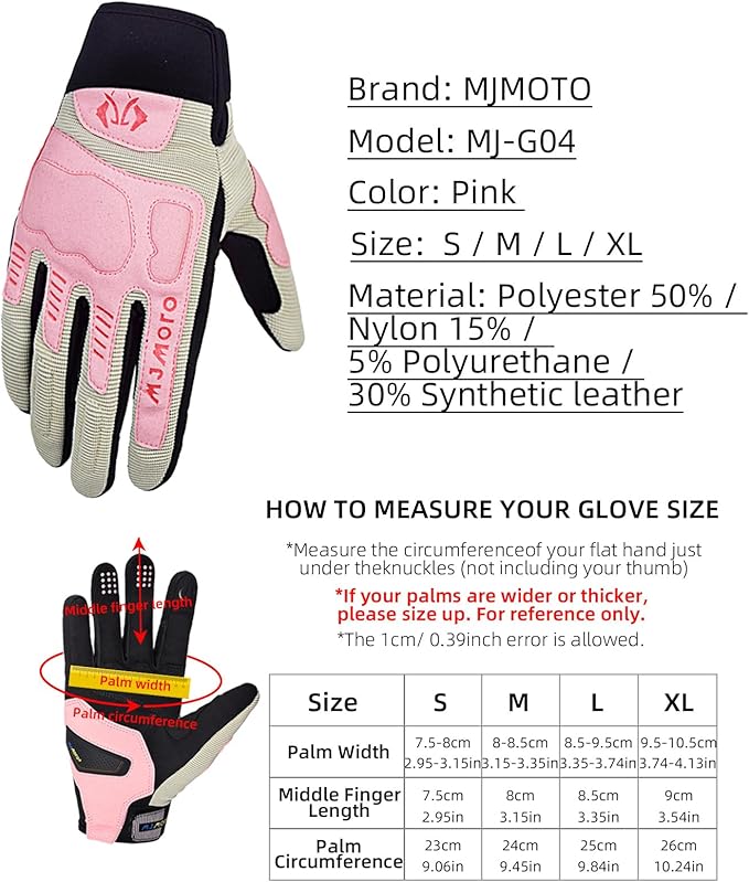 Summer Breathable Pink Motorcycle Gloves for Women,Touchscreen Motorbike Gloves Anti-Slip for Lady,MX ATV MTB Cycling, Road Racing Biker Glove