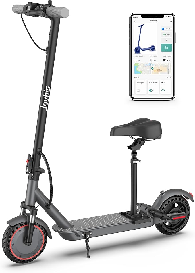 Electric Scooter for Adults - 19/22MPH & 15/22Mile Range, 8.5"/10" Solid Tires Folding Commuter E-Scooter with Dual Suspension, App Control & Dual Brake System, with Seat