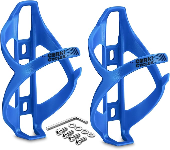 Corki Cycles Bike Water Bottle Holder, Right Side Load Water Bottle Cage for Road, Mountain, Gravel Bicycle Palatinate Blue 2 Pack