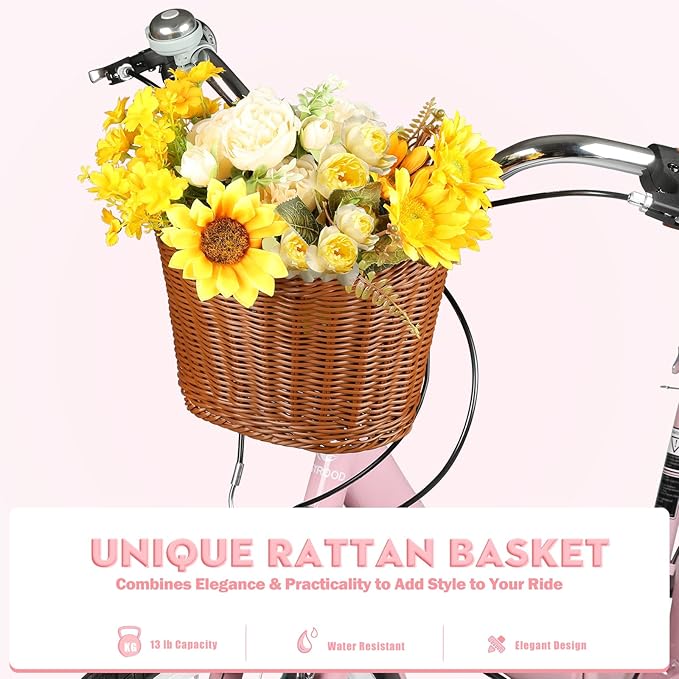 26Inch Foldable Women Bike, Womens Folding Bike with Basket, 7 Speed Beach Cruiser Fodable Bike for Women with Cushion, V-Brakes, Quick Install for Adults, Womens (Pink)