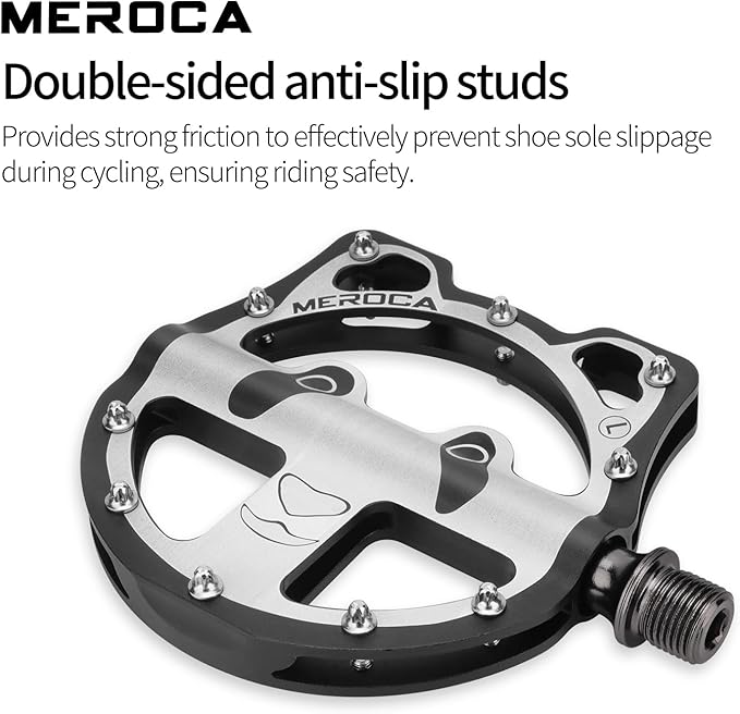 MEROCA Panda Bike Pedals (3 Bearing/DU+Bearing) - 355g CNC Mountain Pedals with Chromoly Spindle, Non-Slip Pins for MTB/Road Bicycle
