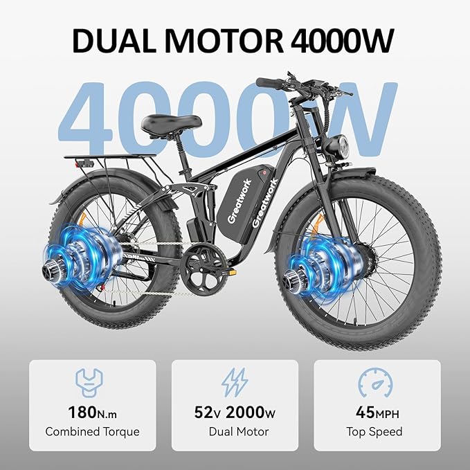 GREATWORK 52V 5000W Peak Dual Motor Electric Bike for Adults, 1300Wh Battery, Up to 45MPH & 100 Miles Range, 26" x 4.0 Fat Tire Electric Dirt Bike with Suspension, Mountain E-Bike for Men Women