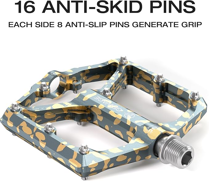 Road/Mountain Bike Pedals - 3 Bearings Bicycle Pedals - 9/16” CNC Machined Flat Pedals with Removable Anti-Skid Nails