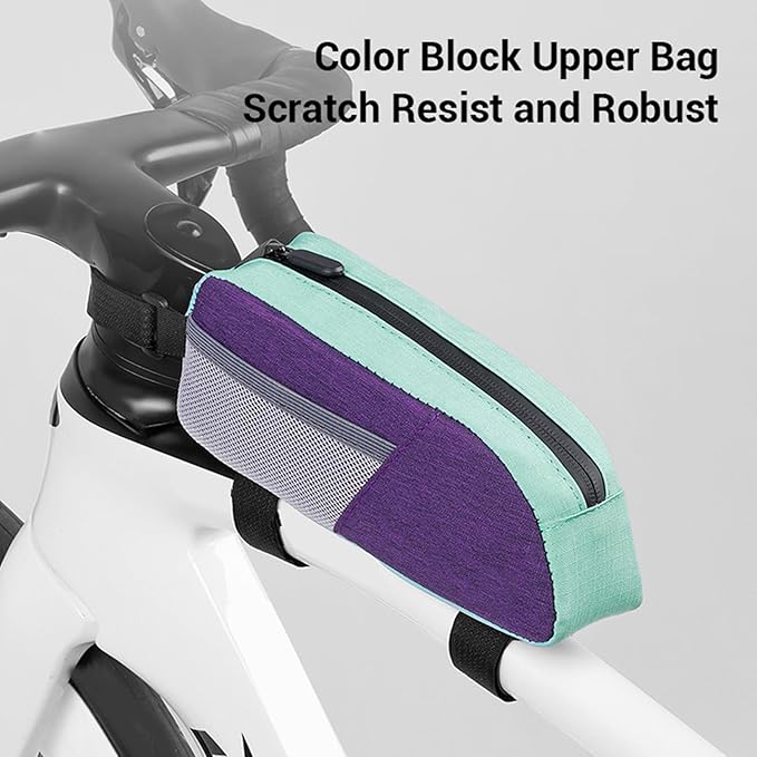 Fockety Top Tube Bike Bag, Color Blocking 0.8L Bike Frame Bag Bike Frame Storage Bag Bike Accessories Pouch for Mountain Road Bikes (Purple Green)