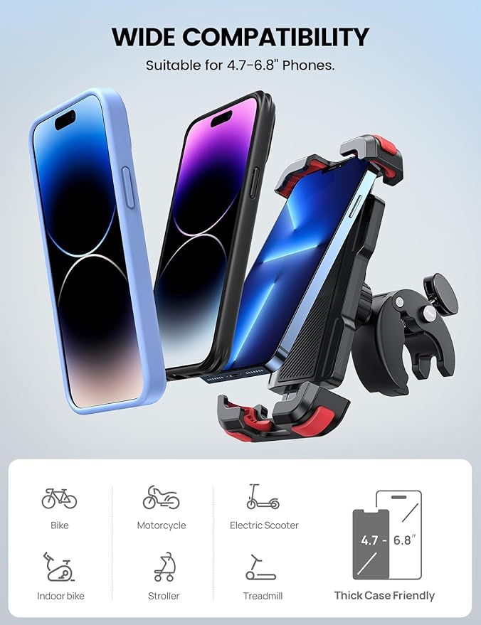 Lamicall Motorcycle Phone Mount, Bike Phone Holder - Upgrade Quick Install Handlebar Clip for Bicycle Scooter, Cell Phone Clamp for iPhone Air, 17 16 15 Pro Max, Galaxy, 4.7-6.8" Phones, Red