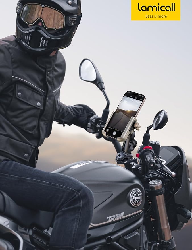 Lamicall Motorcycle Phone Mount Holder - [All Metal] [Anti Shake] [1s Lock] Bike Phone Holder Handlebar Clamp, Bicycle Cell Phone Mount, for iPhone 17 Pro Max, 16 15 14, Galaxy, 4.7-7.2" Phones, Gold