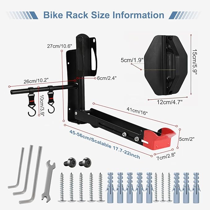 Wall Mount Bike Rack,No Lift MTB Road Bike Storage Rack Hanger Garage Indoor Space Saving,Heavy Duty Metal Bicycle Rack Holder Adjustable Size w/Extendable Storage Hook