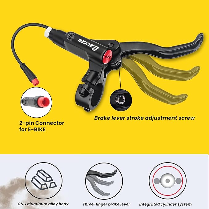 Hycline Ebike Hydraulic Disc Brake Set: Zoom H875E 2-Pistons Power-Off Electric Bike Brake Kit with 2-PIN Sensor Included 160mm/180mm Rotors and Mounting Adapter