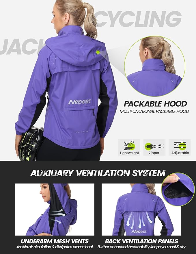 Nepest Womens Cycling Rain Jackets Lightweight Waterproof Biking Running Windbreaker UPF 50+ Reflective Packable Hooded