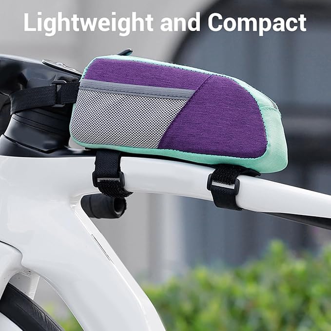 Fockety Top Tube Bike Bag, Color Blocking 0.8L Bike Frame Bag Bike Frame Storage Bag Bike Accessories Pouch for Mountain Road Bikes (Purple Green)