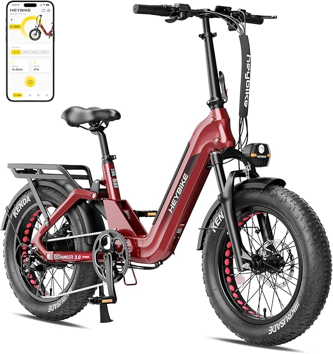 Heybike Ranger Foldable Electric Bike for Adults, 1200W/1800W Peak Motor, 28/32MPH E Bike, 55/90 Miles Range, 20"x4.0" Fat Tire Ebike with Removable Battery, Hydraulic Brakes for Snow, Beach,Commuting