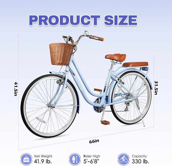 26 Inch Women Beach Cruiser Bike, 7 Speed Hybrid Cruiser Bike with Adjustable Seat, Beach Cruiser Commute Bike with Lightweight, Anti-Skid Tires & V-Brakes for Women,A