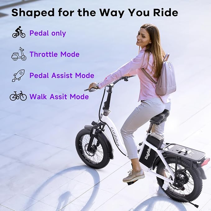 EUYBIKE Folding Electric Bike for Adults, 48V 20AH Battery up to 30MPH 80 Miles, 20" Fat Tire All Terrain 1000W Peak Motor Ebike, Front Suspension City Commuter Step-Thru E Bike White, UL Certified