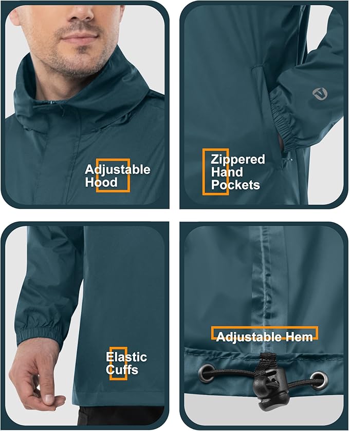 Outdoor Ventures Men's Rain Jacket Waterproof Lightweight Packable Rain Pullover for Hiking Golf Running