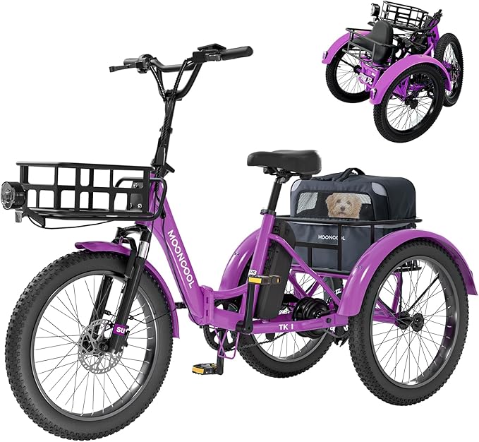 MOONCOOL Folding Electric Tricycle for Adults, 48V 500W 3 Wheels Electric Trike, Aluminum Frame 750W Electric Tricycle Adult Bicycle with Removable Battery, Front and Back Bags