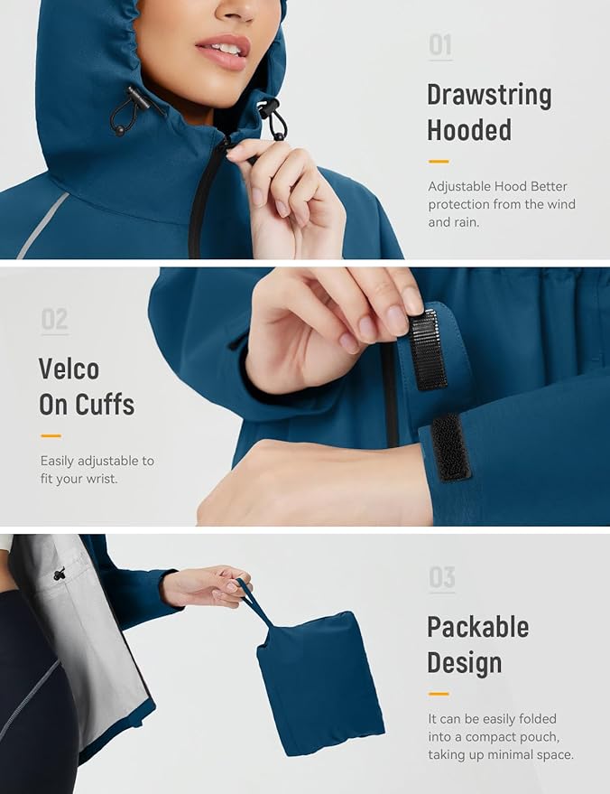 baleaf Women's Rain Jackets Waterproof Windbreaker Packable Lightweight Cycling Running Jacket Hiking Gear Reflective Hooded