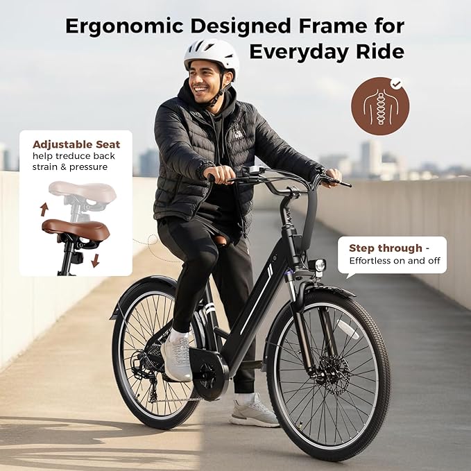 Jasion 26" Electric Bike for Adults, Internal Removable Battery Ebike with 3 Modes & 7-Speed, UL2849 Certified, 1200W Peak Motor, Max 28Mph & 50Miles, Shock Absorber, Electric City Commuter Bicycle