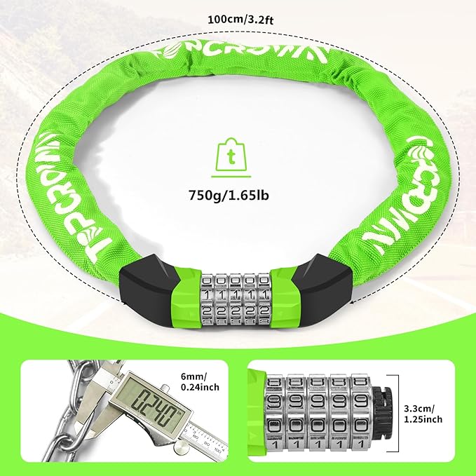 Bike Chain Lock Upgrade Metal Digital Dials 3.2Ft Long High Security Heavy Duty Anti Theft, 5 Digit Combination Keyless Bicycle Lock for Bike/Electric Scooter/Ebike/Motorcycle(Neon Green)