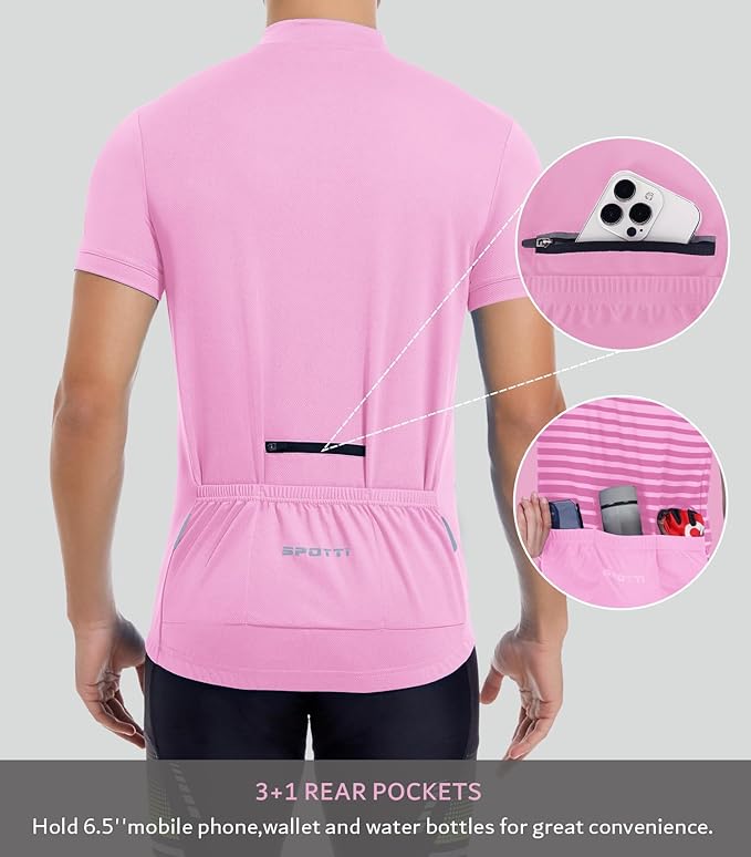 Spotti Men's Cycling Bike Jersey Short Sleeve with 3 Rear Pockets- Moisture Wicking, Breathable, Quick Dry Biking Shirt