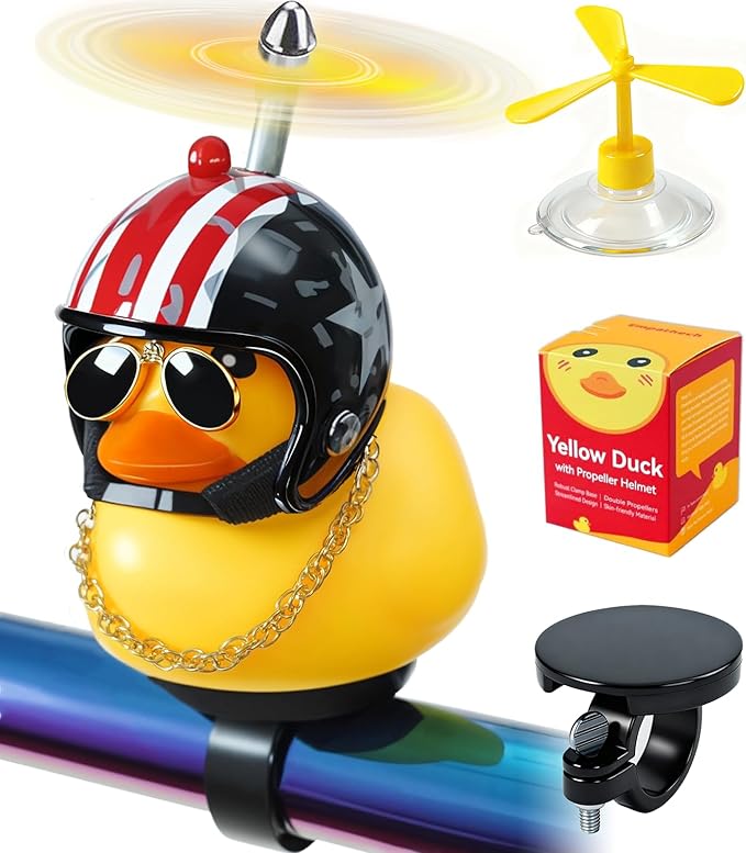 Rubber Duck Bike Decorations [New Stable Clamp Mount] Cute Squeak Duck Bike Bell [Two Helmet Propeller] Funny Bike Accessories E Scooter Motorcycle Cycling Gifts