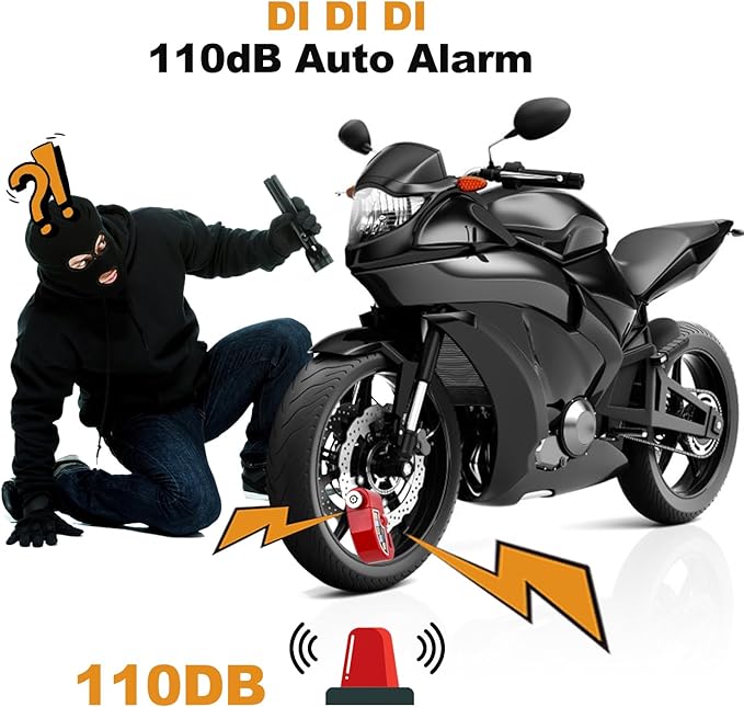 AGPTEK 110dB Motorcycle Brake Lock with 5FT Reminder Cable, Anti-Theft Padlock Waterproof with Lock Pin Carrying Bag for Motorcycle Bike Scooter