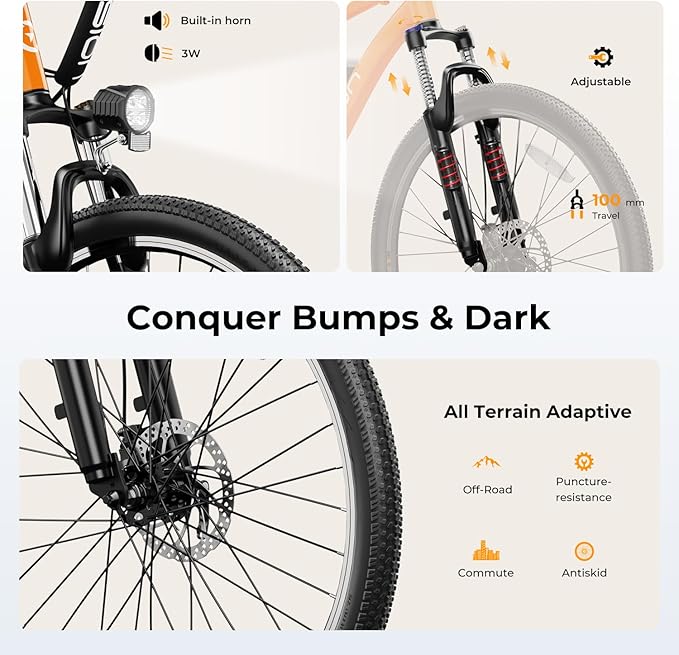 Jasion EB5 Electric Bike for Adults with Peak 1000W Brushless Motor, 40Miles 20MPH Commuting Electric Mountain Bike with 360Wh Removable Battery, 7-Speed, 26" Tires and Front Fork Suspension