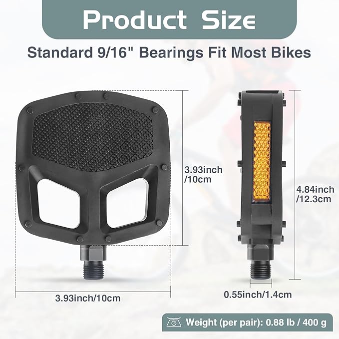 9/16 Inch Bike Pedals, Non-Slip Wide Platform with Reflective Strips, Compatible with Mountain Road BMX E-Bikes
