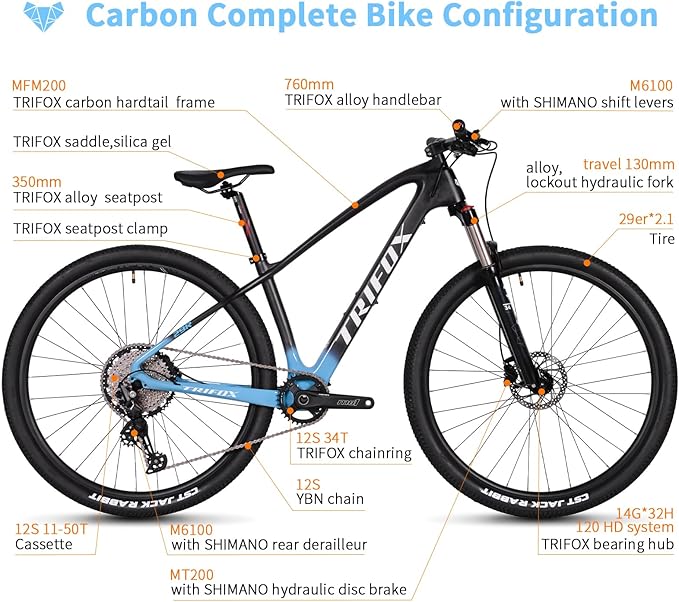 TRIFOX Carbon Fiber Mountain Bike,29er Carbon Mountain Bike with Shimano M6100 Deore Groupset 12-Speed,Carbon Fiber Frame,Hydraulic Fork 130mm Travel,/17/19 inch