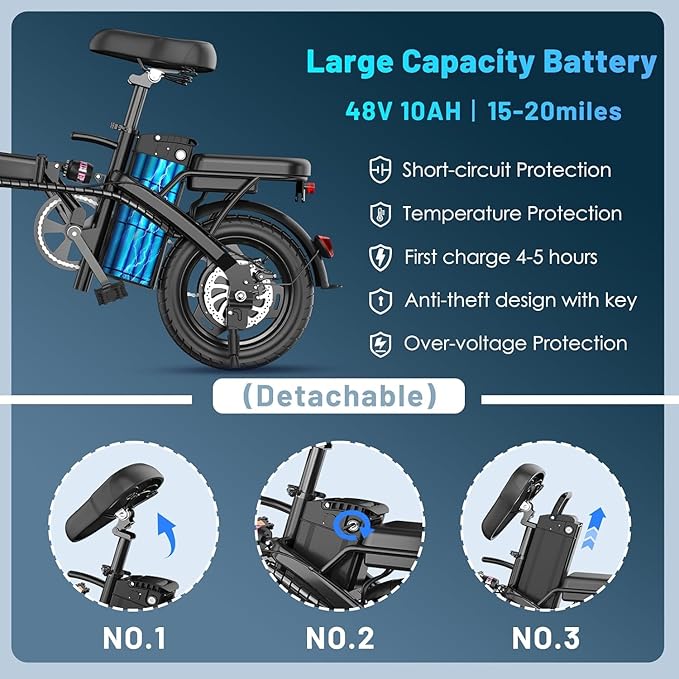 Foldable Electric Bike for Adults E Bike, 14" Folding E-Bike with 500W Peak Motor, 25 Miles Range, 48V Removable Battery UL 2849 Certified for Commuter