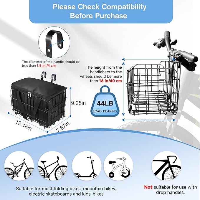 Riian Bike Basket Front/Rear, Thickened Shockproof Foldable Bicycle Basket with Waterproof Bag, Quick Release Design, Metal Bicycle Frame Basket for Adult Women Men